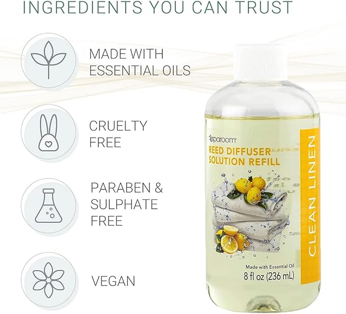 SpaRoom Reed Diffuser Oil Refill – Clean Linen Scent, 8oz Crisp and Refreshing Blend with Lemon Accents, Light and Airy Aroma for Bathroom, Bedroom, or Living Room, Long Lasting Fresh Scent