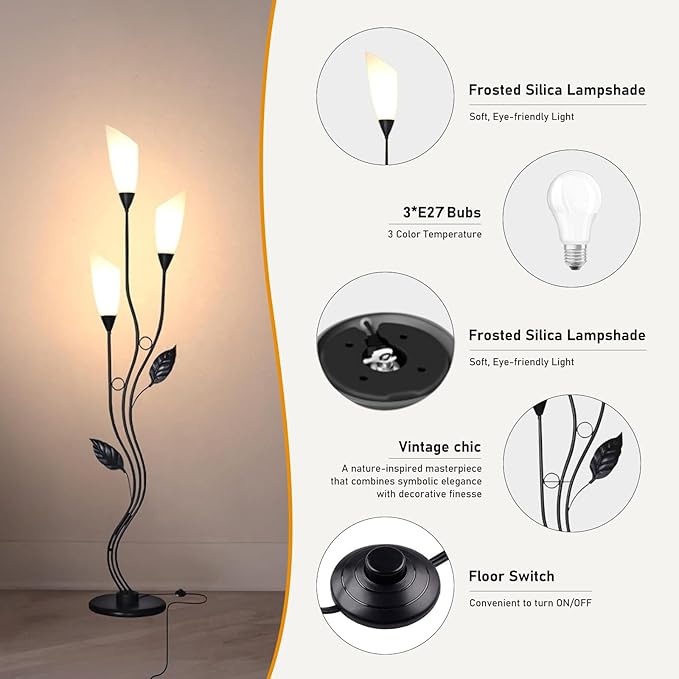 JBZ Flower Floor Lamp for Living Room, 62" Tall Pole Lamp with Foot Switch, with 3 Heads Dimmable LED Lamps for Farmhouse Rustic Bedroom Office, with Plug and 1200LM, 3 Color Temperatures E27