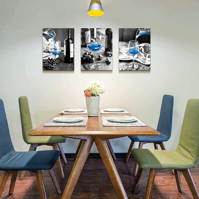 Canvas Wall Art For Kitchen Wall Decor For Dining Room Black And White Wine Glasses Painting Modern Blue Wine Canvas Art Prints Ready To Hang Pictures For Restaurant Home Decorations 16"X24" 3 Pieces