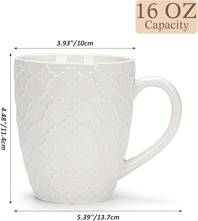 Hoikwo Off White Coffee Mugs Set of 6, Ceramic Cup Set, 17 oz Artistic Drinkware for Coffee, Tea, and Beverages, Family Pack of 6 Unique Patterns, Microwave Safe and Dishwasher Safe