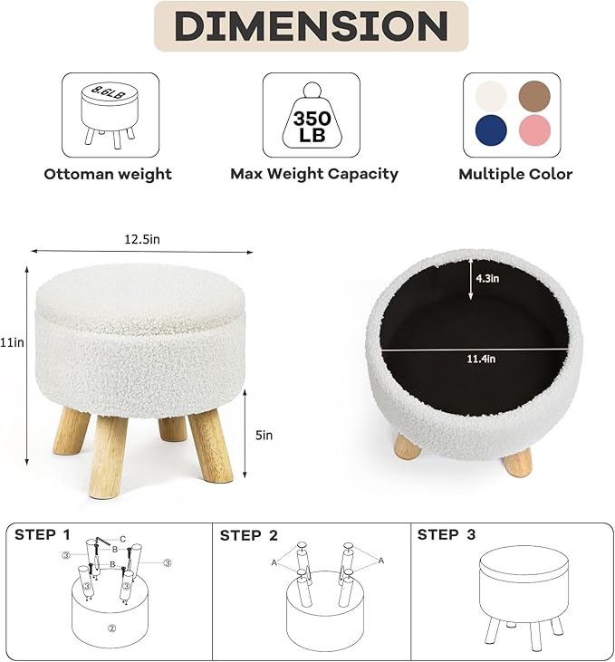 Ottoman Foot Rest, Small Round Ottoman with Storage, Boucle Teddy Velvet Footstool with Wood Legs, Soft Sponge Storage Ottoman for Living Room, Bedroom, Couch, Enterway (Cream)