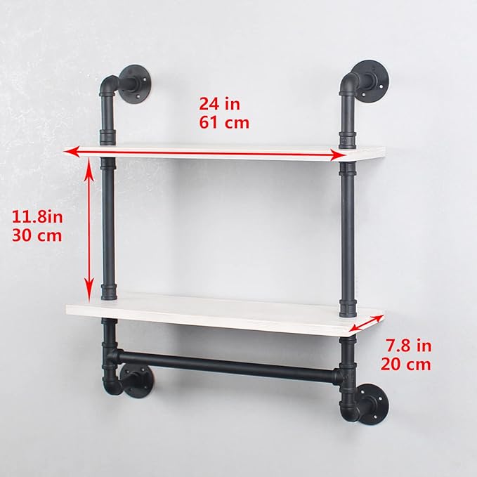 Iron Pipe Shelves Industrial Bathroom Shelves with Towel bar,24in Rustic Metal Pipe Floating Shelves Pipe Wall Shelf,2 Tier Industrial Shelf Wall Mounted,Black & White