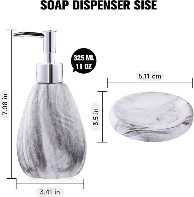 Ceramic Soap Dispenser and Soap Dish Set, Marbled Elegant Bathroom Decor with Non-Slip Base, Modern Hand Wash Bottle & Soap Tray for Bathroom Sink Countertop, Kitchen, Spa (White)