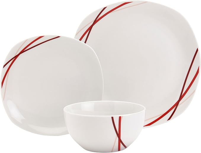 Tabletops Gallery 12-Piece White with Red Stripes Ceramic Dinnerware Set of Kitchen Dishes, Soft Square Dinner Salad Plates Cereal Bowls, Service for 4, Adrian