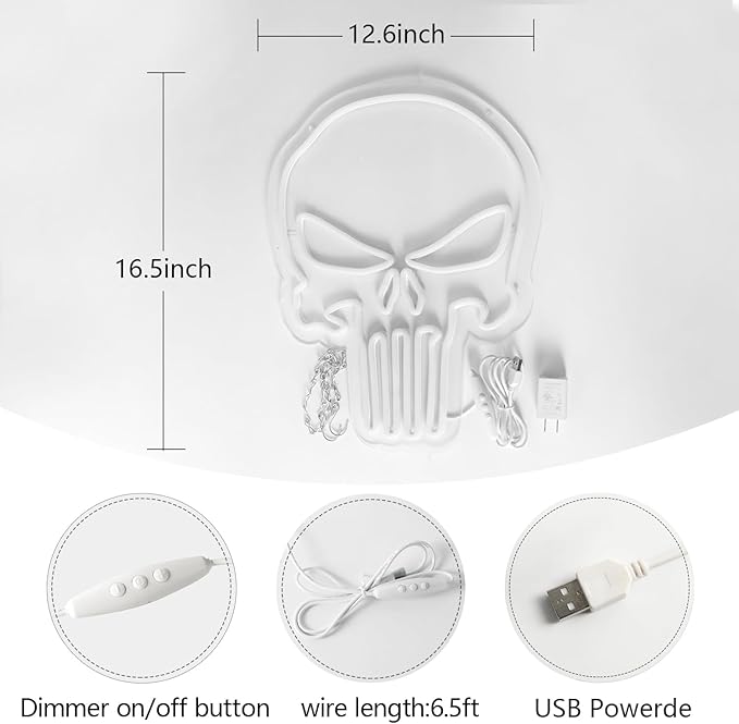 JFLLamp Skull Punisher Neon Signs for Wall Decor Punisher Logo Neon Lights for Bedroom Led Signs Suitable for Man Cave Living Room Bar Cafe Unique Gift for Lover, 5V USB Power 16.5 * 13 Inch(White)