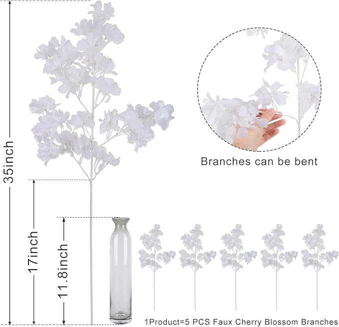 Pusuny Artificial Faux Cherry Blossom Branches Decor, 35 Inch for Tall Floor Vase Used as Wedding Home Decoration, Fake White Flowers for Dinner Table Centrepiece, White, 5PCS