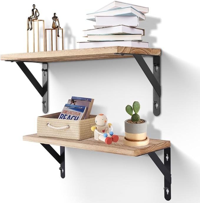 AGM Floating Shelves, Bathroom Shelf Set of 2, Rustic Wood Wall Mounted Shelf for Storage&Room Decor, Floating Shelf for Plants, Book, Bathroom, Bedroom, Kitchen, Office, Living Room(Light Brown)