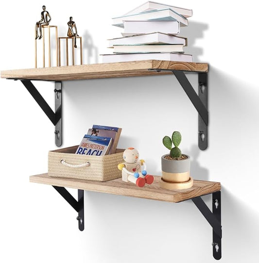 AGM Floating Shelves, Bathroom Shelf Set of 2, Rustic Wood Wall Mounted Shelf for Storage&Room Decor, Floating Shelf for Plants, Book, Bathroom, Bedroom, Kitchen, Office, Living Room(Light Brown)