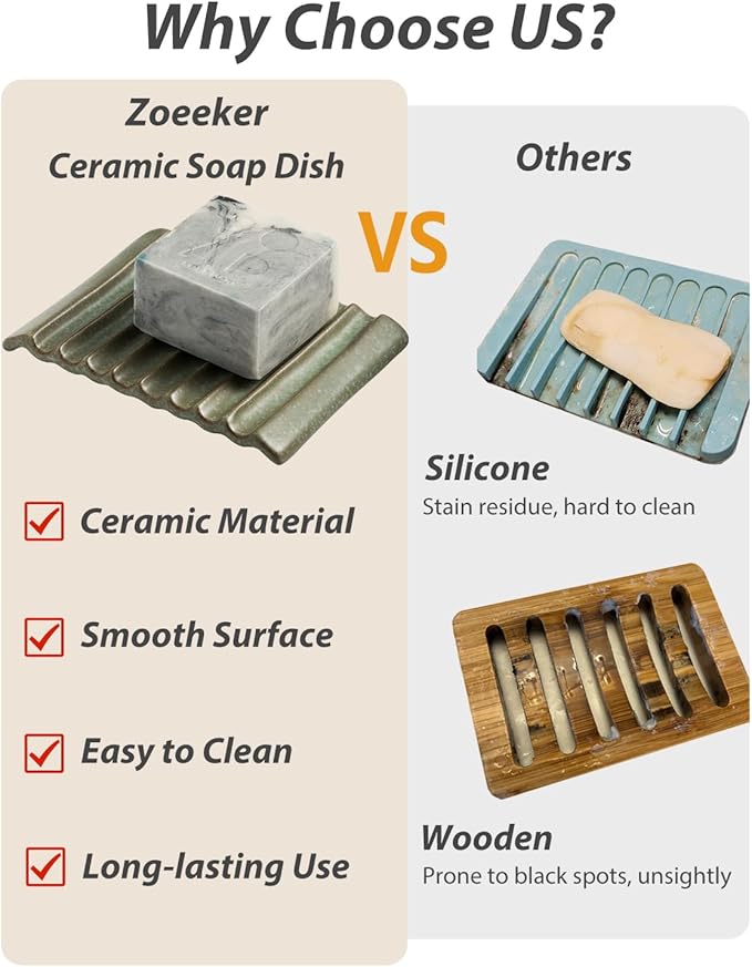 Soap Holder Soap Dish, Ceramic Soap Saver Bar Soap Tray Non-Slip Bathroom Accessories for Soap, Sponges, Scrubber, Razor, Green