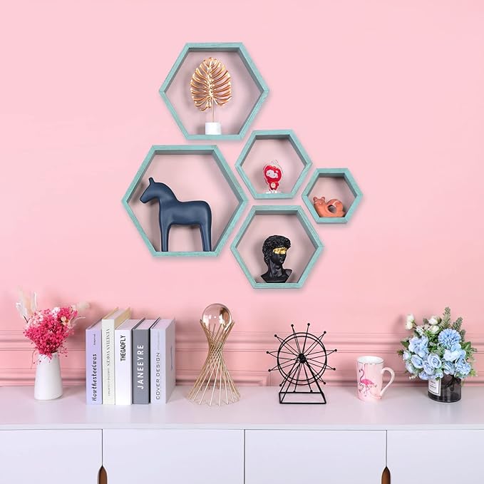 PHOENANCEE Hexagon Floating Shelves,Wall Mounted Wood Farmhouse Storage Honeycomb Wall Shelf Set of 5,for Bathroom, Kitchen, Bedroom, Living Room,Office,Driftwood Finish (Ocean Blue)