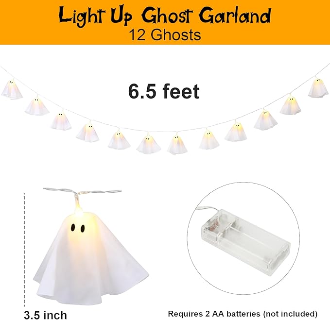 Halloween Decoration-Light Up Ghost Garland-Handmade LED Ghost String Lights Banner for Home Party Fireplace Mantle Windows Decor