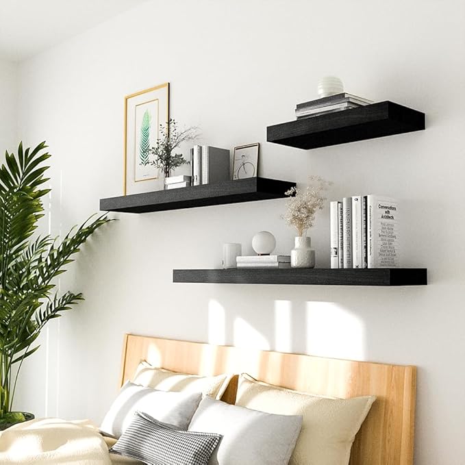 Habudda Floating Shelves, Wall Hanging Wood Shelf for Rustic Home Decor, Bathroom, Bedroom, Kitchen Display, Natural Wood, Invisible Bracket, 30", 2-Pack (Black, 30"×6.7"×1.6")
