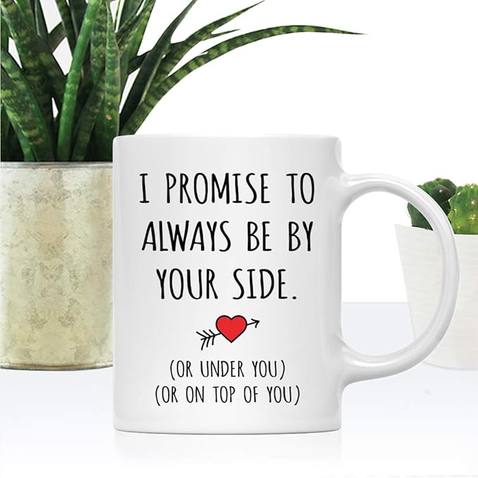 Andaz Press Valentine’s Day Funny 11oz. His Her Couples Anniversary Coffee Mug Gift, I Promise To Always Be By Your Side. (Or Under You) (Or On Top Of You), Heart Graphic, 1-Pack, Gift Box