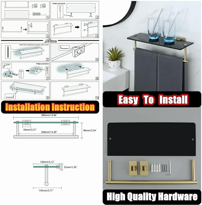 Alise Bathroom Shelves Glass Shelf with Bar,Wall Mount Floating Shelves for Bathroom,1 Tier Tempered Glass Holder Storage Organizer,SUS304 Stainless Steel Gold and Black