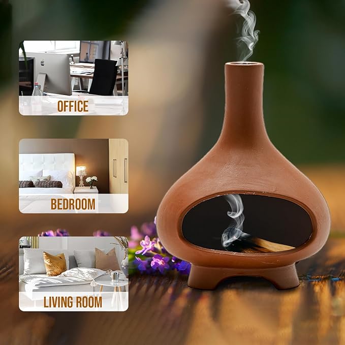Palo Santo Holder Handmade Ceramics Incense Burner Chimney Dish Smudge Bowl for Palo Santo Sticks Sage Bundles with Brush(Brown) (Combustion Furnace)