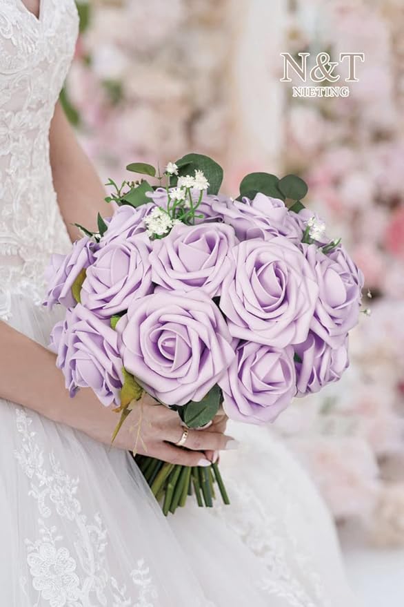 N&T NIETING Artificial Wedding Flowers 25 pcs Lilac Roses Fake Roses with Long Stems for Decortion Mother's Day Baby Shower Arrangements Bouquets