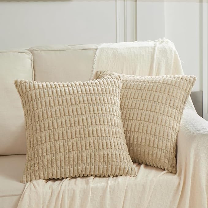 Fancy Homi 4 Packs Tan Decorative Throw Pillow Covers 26x26 Inch for Living Room Couch Bed Sofa, Beige Rustic Farmhouse Boho Home Decor, Soft Plush Striped Corduroy Square Cushion Case 66x66 cm