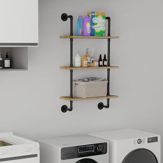 3 Tier Industrial Pipe Shelf,24 inch Floating Shelves with Solid Wood Plank,Pipe Book Shelves for Farmhouse,Industrial Wall Shelves for Bedroom,Kitchen,Living Room,Bathroom