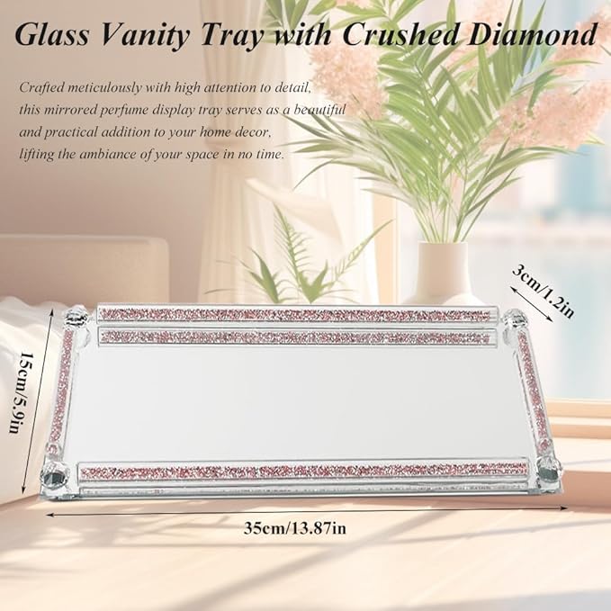 Mirrored Vanity Tray, Crushed Diamond Filled Crystal Glass Cosmetic Makeup Tray, Sparkle Perfume Jewelry Trinket Countertop Decorative Tray, for Home Party Hotel Banquet Dresser Bathroom Bedroom
