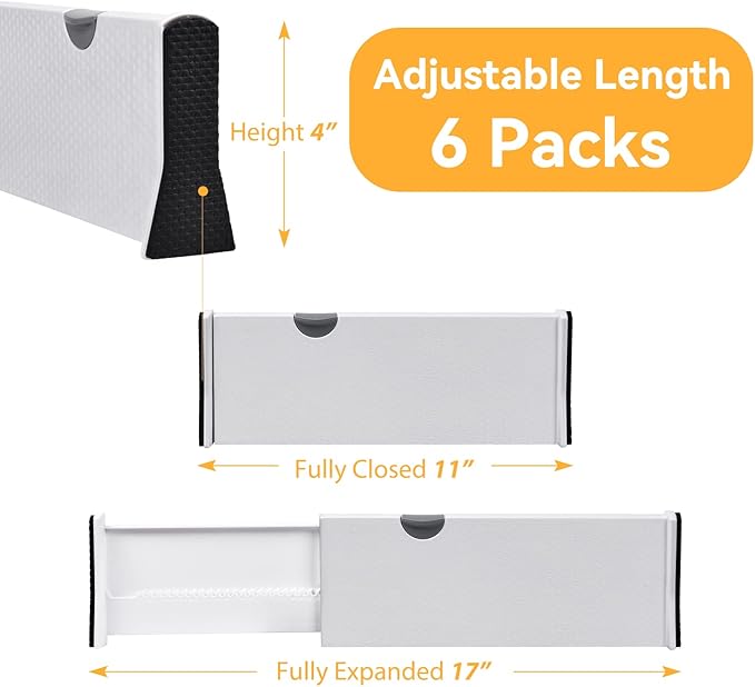 JONYJ Drawer Dividers Organizer 6 Pack, Adjustable Separators 4" High Expandable from 11-17" for Bedroom, Bathroom, Closet, Clothing, Office, Strong Secure Hold, Foam Ends, Locks in Place