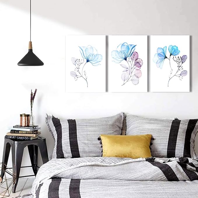 Modern blue flowers Canvas Wall Art for bedroom Living Room,Bathroom Wall Decor,3 Panels Wall Painting Home Decoration kitchen Canvas Print Abstract watercolor flowers and leaves artwork wall mural