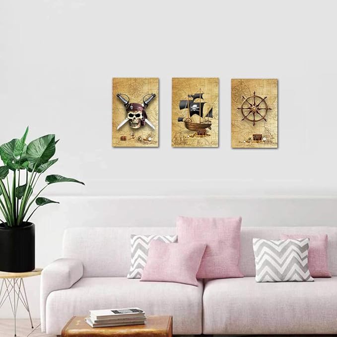 Pirate ship and rudders Canvas Wall Art for Living Room Bedroom Decoration wall painting,Bathroom Wall Decor Home Decoration kitchen posters artwork,Adventure map decoration 16x12 inch/ 3 piece set