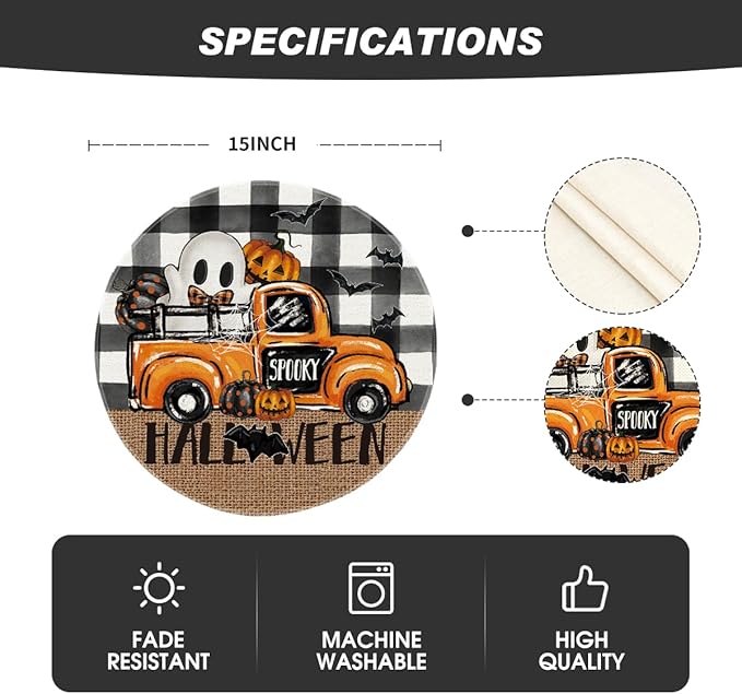 Artoid Mode Ghost Truck Halloween Round Placemats Set of 6, 14 Inch Holiday Bat Round Table Mats for Party Kitchen Dining Decoration