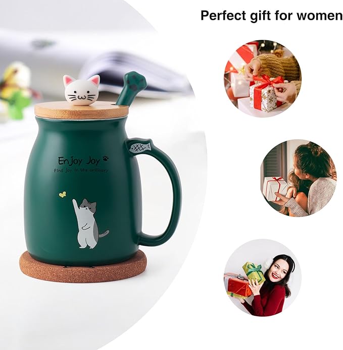 Cute Cat Cup Ceramic Coffee Mug with Kawaii Cat Wooden Lid, Lovely Stainless Steel Spoon, Anime Kitty Thicken Wooden Coaster, Christmas Birthday Cute Thing Japanese Mug 16oz (Green)