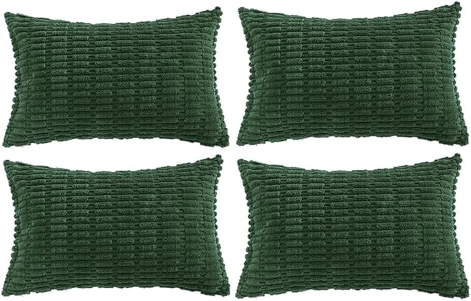 Fancy Homi Set of 4 Dark Green Lumbar Rectangle Decorative Throw Pillow Covers 14x24 Inch for Couch Bed Chair, Aesthetic Boho Room Decor, Soft Fuzzy Thick Corduroy Cute Textured Cushion Case 35x60cm