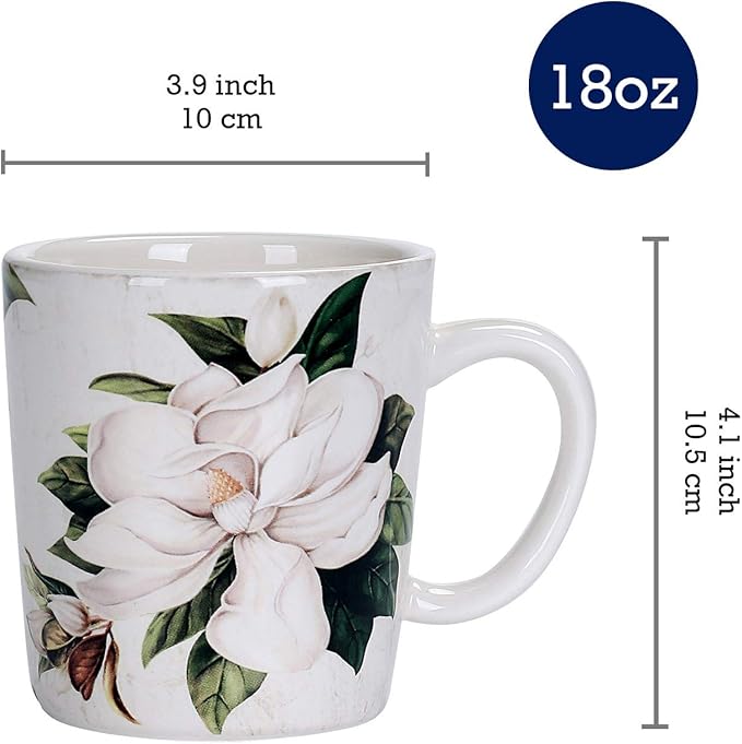 Bico Magnolia Floral Ceramic Mugs, Set of 4, for Coffee, Tea, Drinks, Microwave & Dishwasher Safe