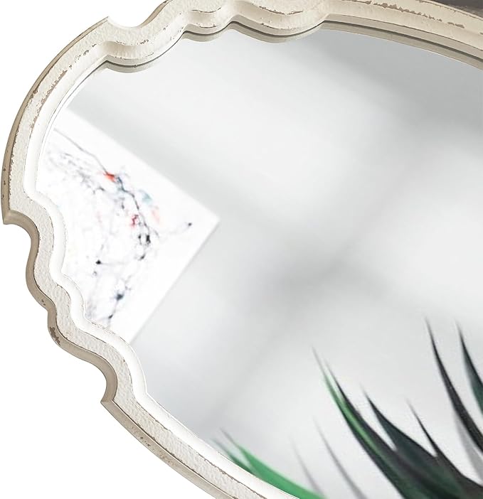 Vintage Sculpted Oval Mirrors for Wall Decor Living Room 16 x 23 inch, Hanging Distressed White Ornate Accent Wood Farmhouse Mirror, Rustic Wall Mounted Mirrors for Small Bathroom Entryway