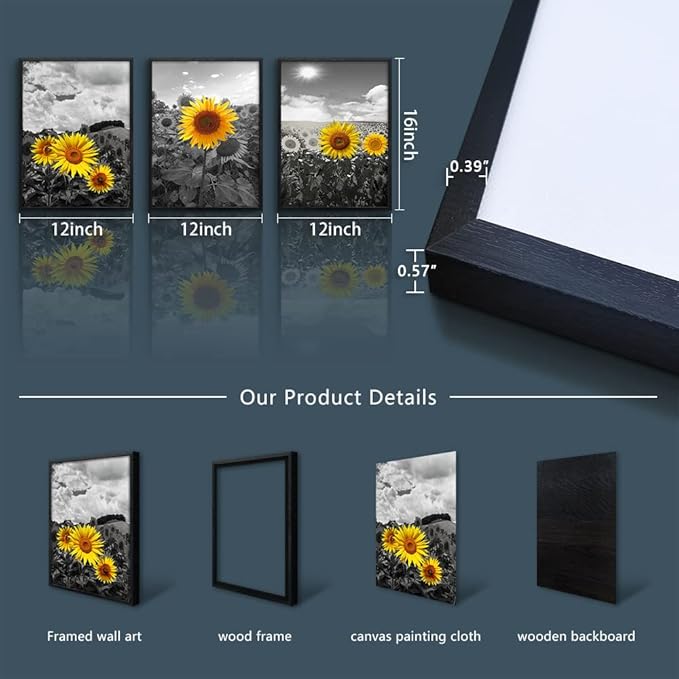Black Framed Wall Art For Living Room Wall Decor For Bedroom Sunflower Flowers Wall Paintings Room Decor Black And White Pictures Artwork Kitchen Home Decoration Set of 3 Piece Framed Art Prints
