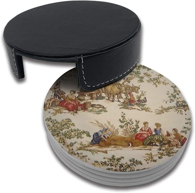 Vintage French Country Print Coasters for Drinks with Holder Leather Coasters Set of 6 Table Decor Protect Furniture from Water Marks Scratch and Damage