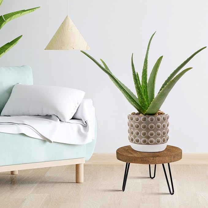 OBTAIN Plant Stand Indoor Outdoor, Wooden plant Stool, Mid Century Plant Stand for Indoor Plants, Wood Modern Plant Holder Rattan Flower, Low Short Boho Rustic Planter Stand Fit 5-15 Inch Pot(M)
