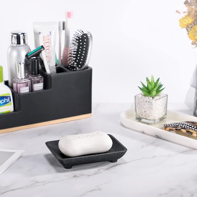 Soap Dish with Drain, Aimou Bar Soap Holder Saver Self Draining Waterfall Soap Sponge Tray Dishes, Easy Clean Soap Case Box Container for Bathroom Shower Kitchen Sink Countertop Black