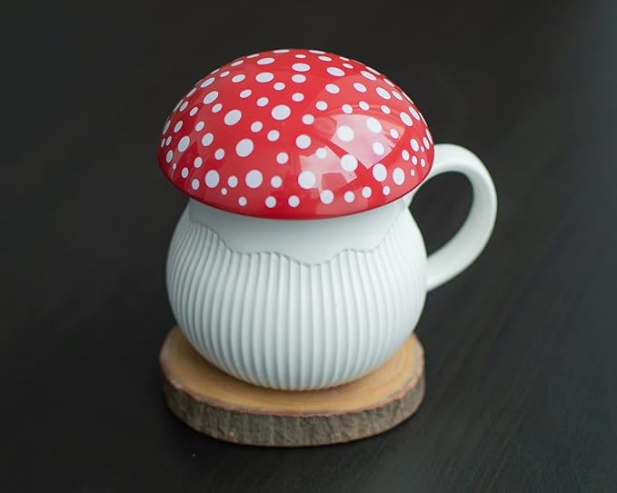 Mushroom Mug with Lid Stoneware Coffee Cup with Decorative Gift Box (Red), Cottagecore Aesthetic Decor