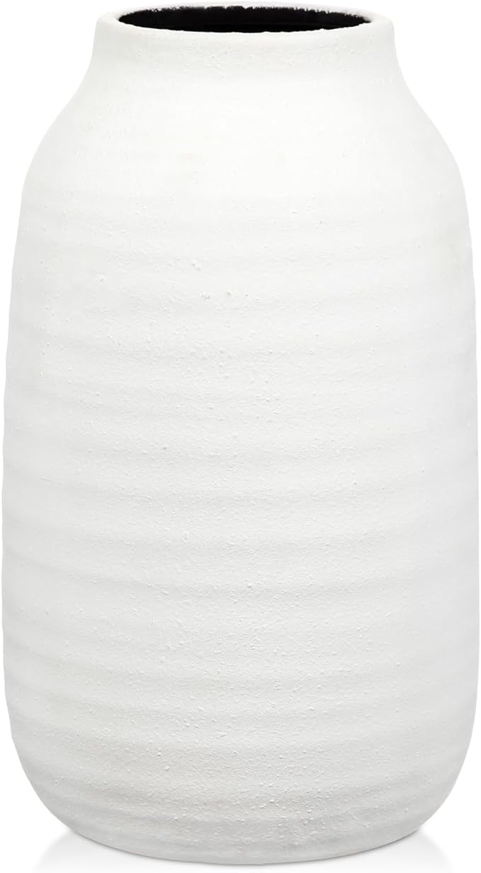 Briful 9.4'' Rustic Ivory Ceramic Vase, Vintage Farmhouse Decor, Whitewashed Terra Cotta Antique Pottery Pampas Vases for Home Living Room Kitchen Mantel Table Shelf Decorations