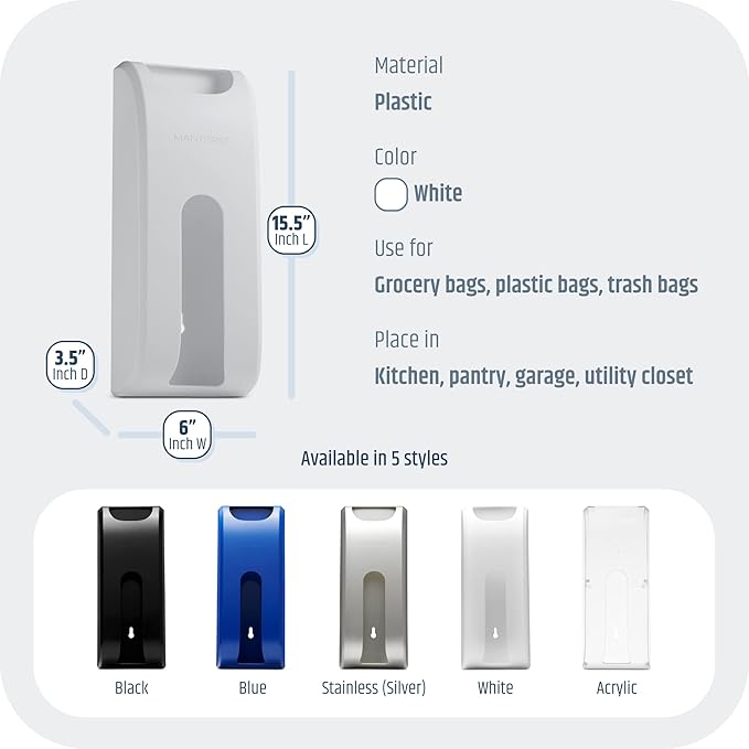 Wall-Mount Grocery Bag Dispenser | Space-Saving Design | Easy Install | Smudge-Proof, Fingerprint-Resistant | White | Holds Most Bags for Maximum Storage