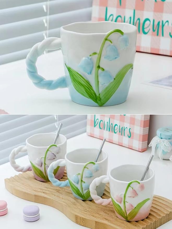 2024 Ceramic Coffe Mug with Handle, 12.85oz Cute Spring Flower Floral Handmade Figurine Mugs, Holiday and Birthday Gift for Coffee Milk Tea Lovers,Cups,Large Capacity (Blue)
