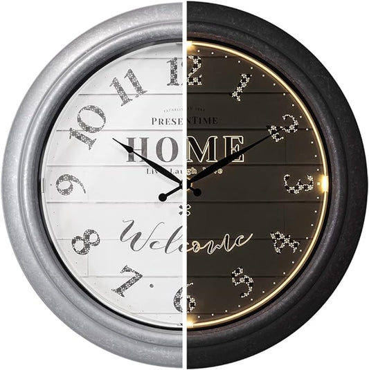 Presentime & Co 18" Vienna Modern Farmhouse Luminous Indoor/Outdoor Clock, Shiplap Style, Galvanized Silver Finish, Night Light with Smart Sensor, Wall Decoration, Outdoor Lights & Decoration.