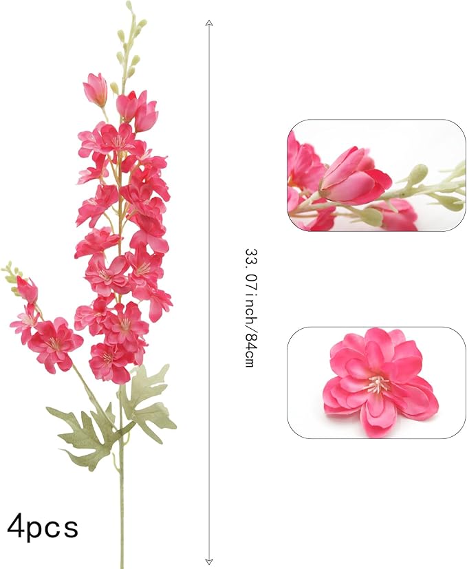 FERIAL 4pcs Artificial Delphinium Faux Rosered