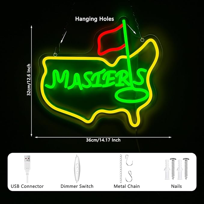 Masters Neon Sign, Golf Neon Signs For Wall Decor, Sports Led Light Up Signs for Bar Golf Club Home Party Decorations Gifts