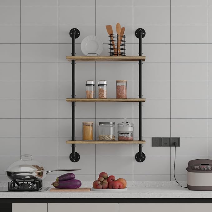 3 Tier Industrial Pipe Shelf,24 inch Floating Shelves with Solid Wood Plank,Pipe Book Shelves for Farmhouse,Industrial Wall Shelves for Bedroom,Kitchen,Living Room,Bathroom