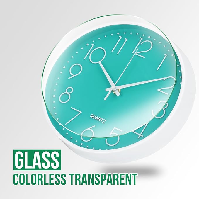 Wall Clock Non-Ticking Silent Modern Simple Style Round Decor Clock Stereoscopic Dial Quartz Wall Clocks for Home/Office/School/Living Room/Bedroom/Kitchen (Turquoise, 8inch)