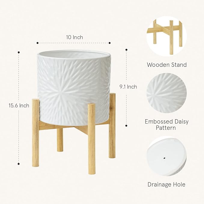 LA Jolie Muse Large Ceramic Planter with Stand Included,10 Inch Unique Modern White Plants Pot,Mid Century Indoor Planter with Wood Planter Holder with Drainage