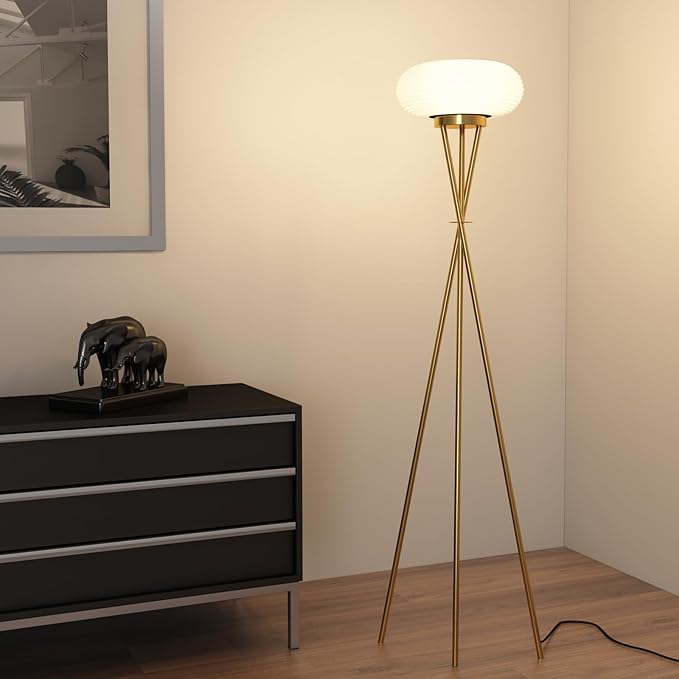 Led Tripod Floor Lamp, Three Colour Dimmable Torch Lamp, Torchiere Floor Lamp for Living Room, Bedroom, Office, Dorm Room - Gold