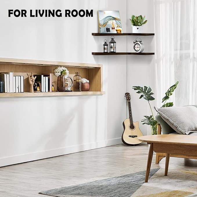 Natural Wood Set of 6 Corner Floating Shelves Wall Mounted Hanging Storage Shelves Display Decor for Bathroom Bedroom Kitchen Office Living Room L-Shaped Corner Book Shelves Carbonized Black