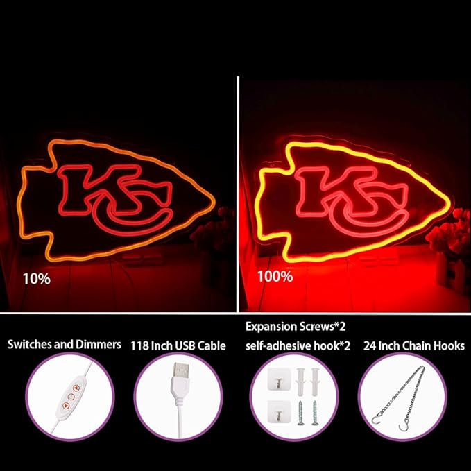 Football Rugby Sports Neon Sign Suitable for Chiefs KC Logo for Wall Decor USB Powered Dimmable Led Light Up Signs for Game Room Men Cave Home Bar Decor Birthday Xmas Gifts for Kids Fans