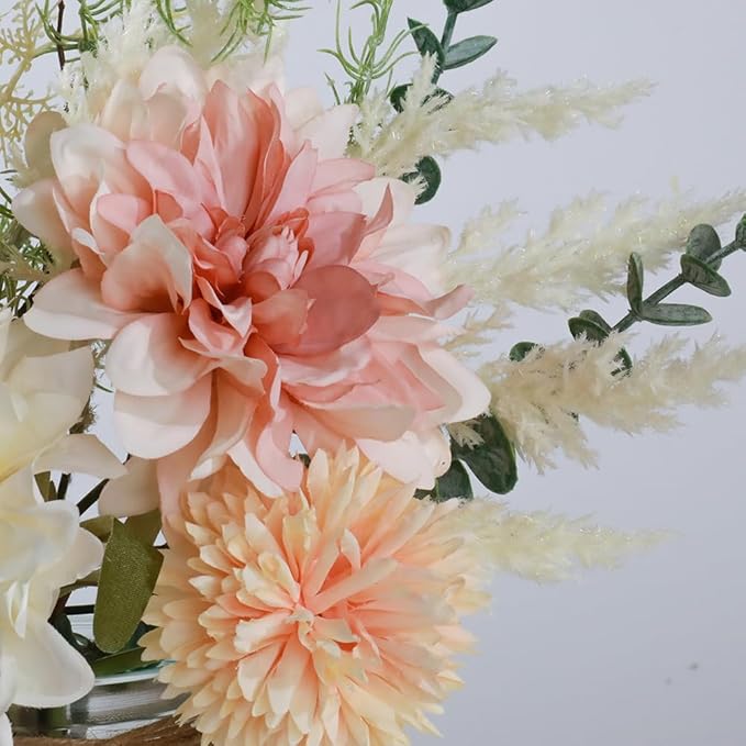 Silk Flowers with Vase, Artificial Flowers Arrangement with Glass Vase Faux Dahlia for Decoration Table Centerpiece (Dahlia White Pink)