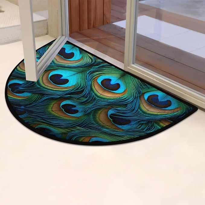 Half Round Doormat Indoor Entrance Mat Peacock Feathers Bathroom Carpet Absorbent Floor Mat Kitchen Mat for Home Front Door Patio Garage Welcome Mat